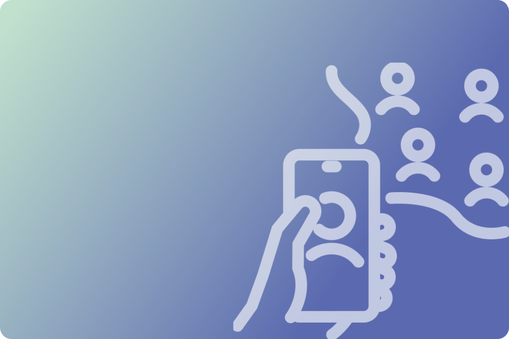 A hand holding a smartphone with user profile icons connected by lines, representing adding yourself to a community map